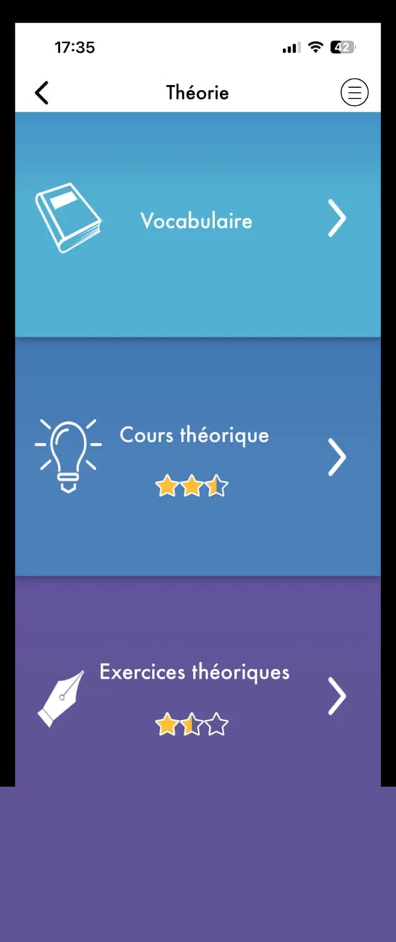 Écran Théorie de l'application Aurelux : vocabulaire, cours théorique et exercices