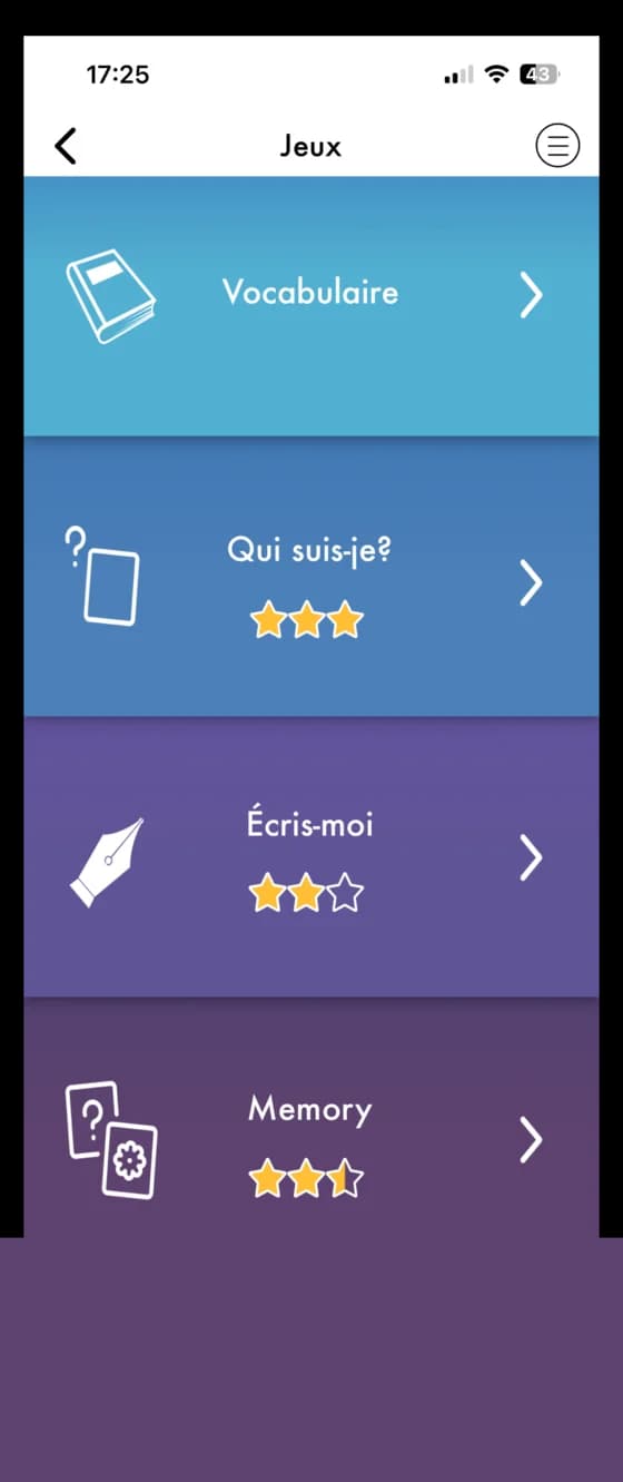 Écran Jeux de l'application Aurelux : vocabulaire, Qui suis-je, Écris-moi, Memory